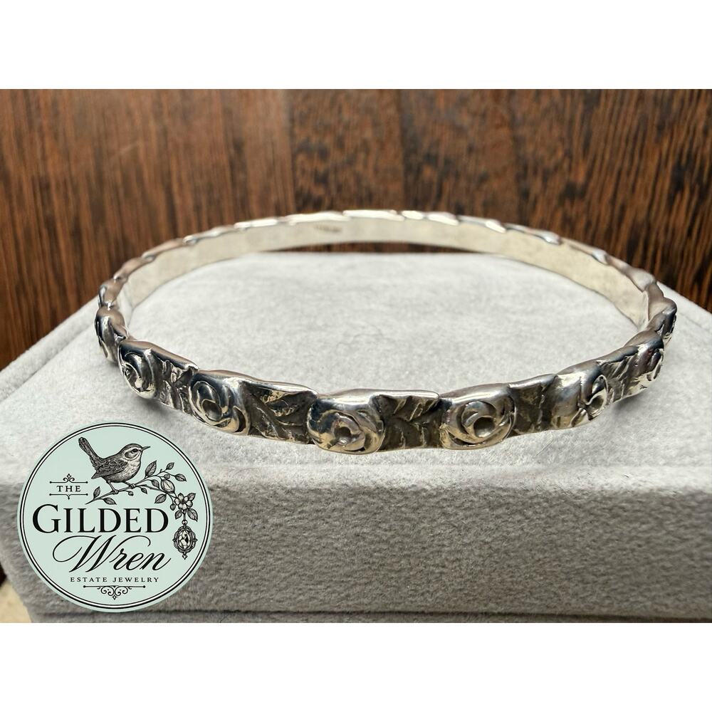 Sterling Silver 3D Rose Floral Bangle Bracelet 2.5” Opening 24.52g